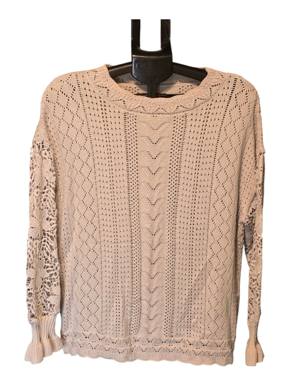 Women’s Crew Neck Crochet Pointelle Sweater - Cream